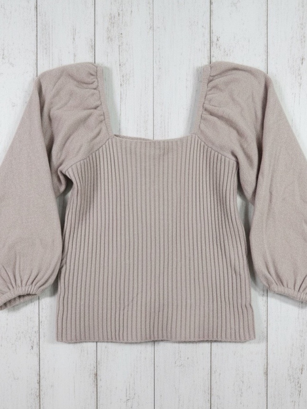 NWT Halogen Large Square Neck Puff Sleeve Wool Blend Ribbed Sweater
